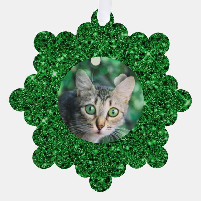 Festlicher grüner Glitzer Personalisierte Katze Ornament Karte (Vorderseite)