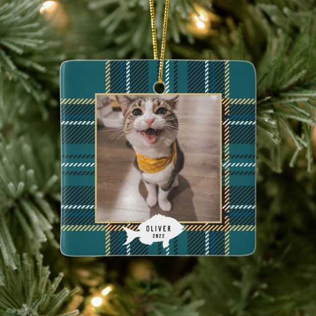 Festlicher grüner Tartan Karierter Katzenname Weih Keramikornament (Baum)