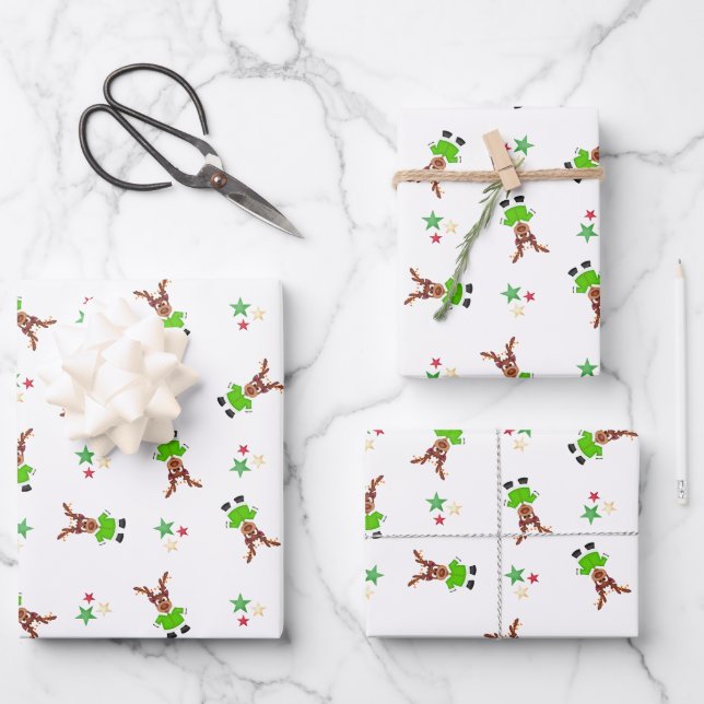 Festlicher Grüner und Gold Kasky Weihnachtsmann Geschenkpapier Set (Vorderseite)