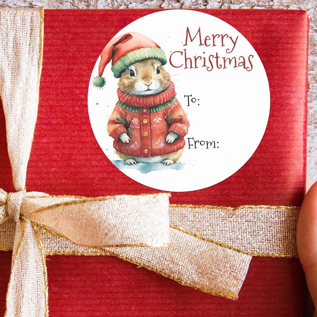 Festlicher Hamster in der Weihnachtsmannmütze Weih Runder Aufkleber (Von Creator hochgeladen)