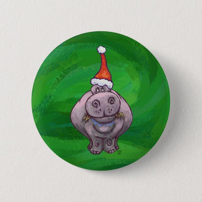 Festlicher Hippo auf Grün Button (Vorderseite)