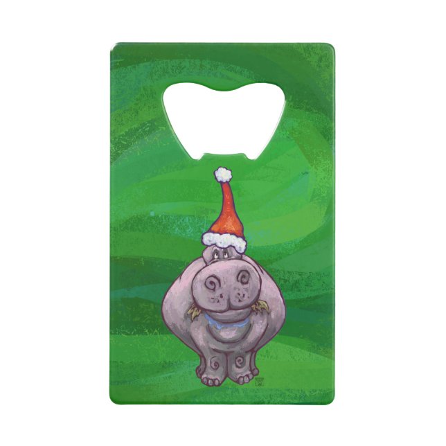 Festlicher Hippo auf Grün Kreditkarten Flaschenöffner (Vorderseite)