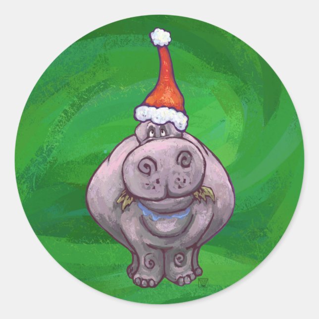 Festlicher Hippo auf Grün Runder Aufkleber (Vorderseite)