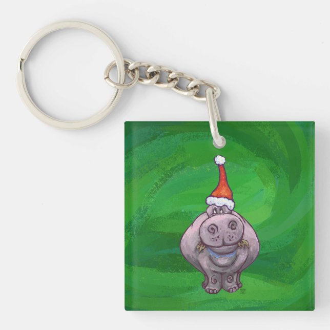 Festlicher Hippo auf Grün Schlüsselanhänger (Vorderseite)