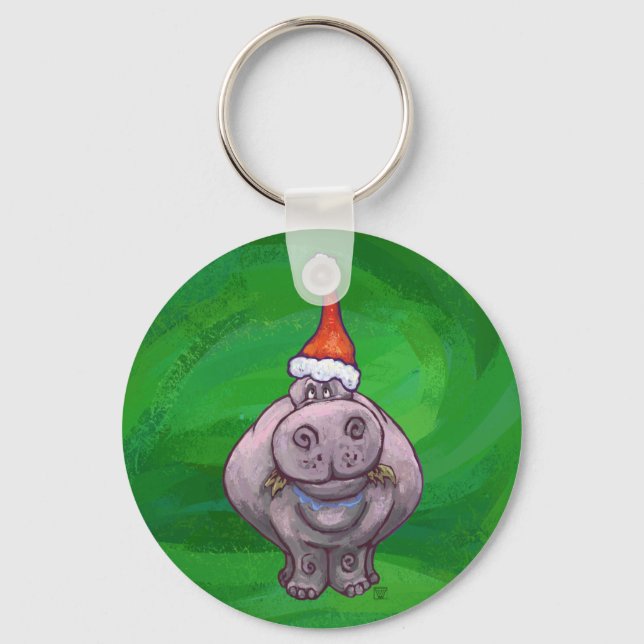 Festlicher Hippo auf Grün Schlüsselanhänger (Vorderseite)