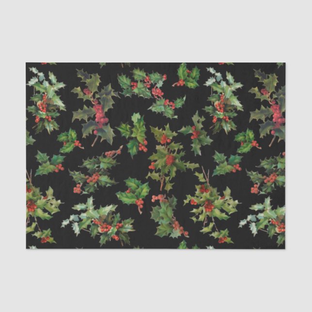 Festlicher Holly-Black-Hintergrund Seidenpapier (Vorderseite)