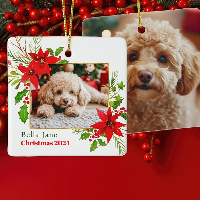 Festlicher Hund Foto Weihnachten Rote Poinsettia B Keramikornament (Von Creator hochgeladen)