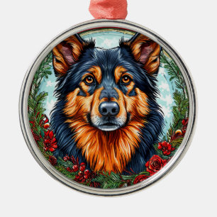 Festlicher Hund in einem Weihnachtsblumenkranz Ornament Aus Metall