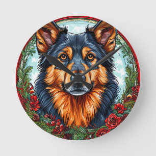 Festlicher Hund in einem Weihnachtsblumenkranz Runde Wanduhr