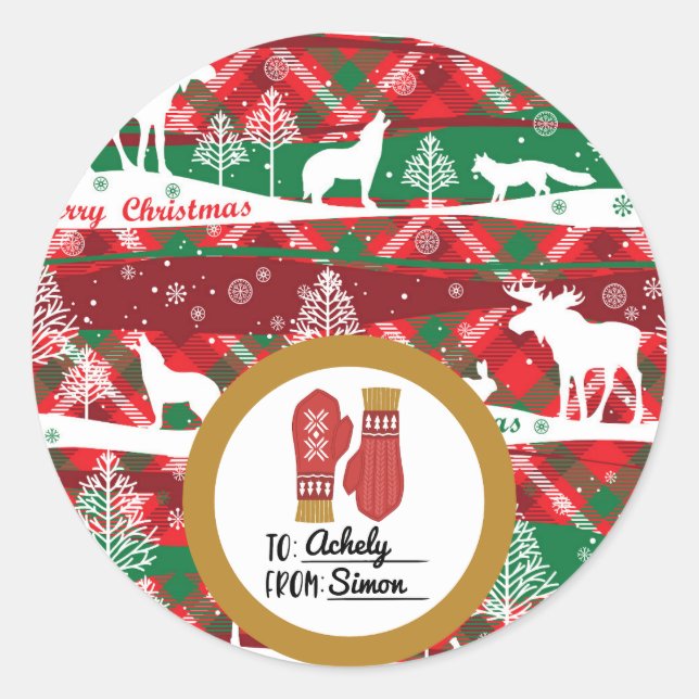 Festlicher Karierter Weihnachtsgeschenksticker Runder Aufkleber (Vorderseite)