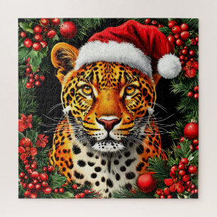 Festlicher Leopard mit Weihnachtsmannmütze
