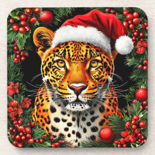 Festlicher Leopard mit Weihnachtsmannmütze Getränkeuntersetzer