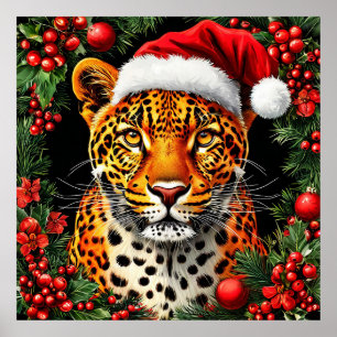 Festlicher Leopard mit Weihnachtsmannmütze Poster