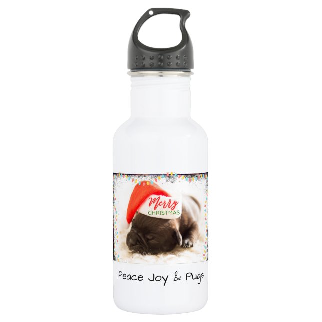 Festlicher Mops in Roter Weihnachtsmannmütze mit W Trinkflasche (Vorderseite)