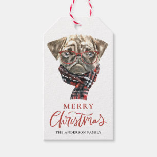 Festlicher Mops Wasserfarbe Frohe Weihnachten Geschenkanhänger