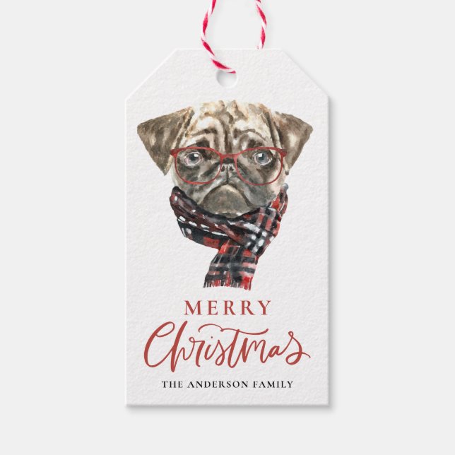 Festlicher Mops Wasserfarbe Frohe Weihnachten Geschenkanhänger (Vorderseite)