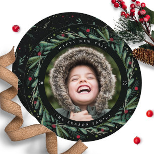 Festlicher Neujahrs-Kranz Blätter Beeren Rund Kart Feiertagskarte