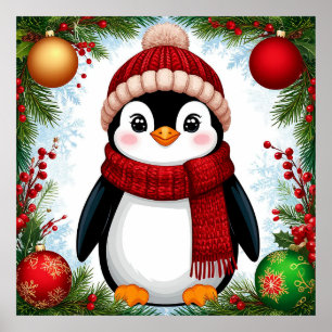 Festlicher Pinguin, dekoriert mit Weihnachtsdekora Poster