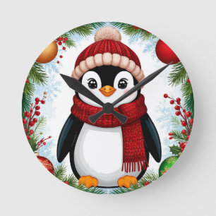 Festlicher Pinguin, dekoriert mit Weihnachtsdekora Runde Wanduhr