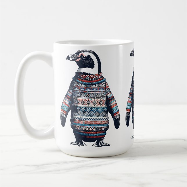 Festlicher Pinguin in einem farbenfrohen Pullover Kaffeetasse (Links)