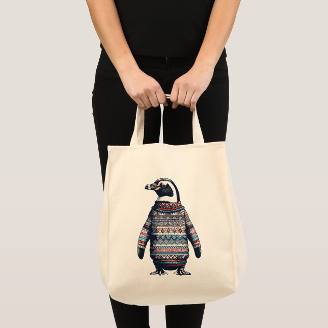 Festlicher Pinguin in einem farbenfrohen Pullover Tragetasche (Vorderseite (Produkt))