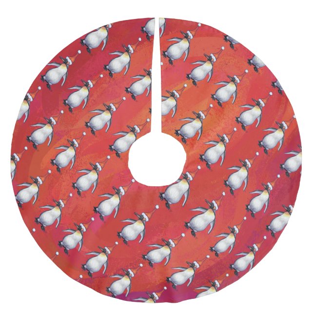 Festlicher Pinguin in einer Weihnachtsmannmütze Polyester Weihnachtsbaumdecke (Vorderseite)