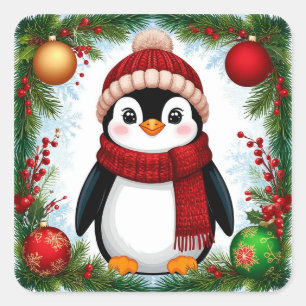 Festlicher Pinguin mit Festtagsausstellungen Quadratischer Aufkleber