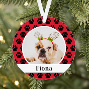 Festlicher roter Hund Foto Schrift Name Pfotenabdr Ornament