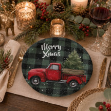 Festlicher roter LKW mit Weihnachtsbaum-Papiertell