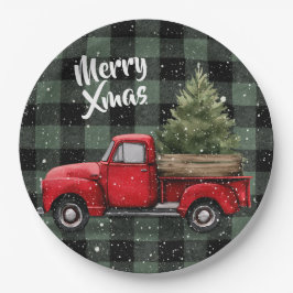 Festlicher roter LKW mit Weihnachtsbaum-Papiertell Pappteller