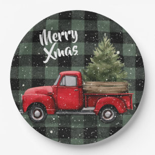 Festlicher roter LKW mit Weihnachtsbaum-Papiertell Pappteller