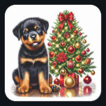 Festlicher Rottweiler Welpe von einem Weihnachtsba Quadratischer Aufkleber<br><div class="desc">Ein fröhlicher Rottweiler-Welpe sitzt neben einem schön dekorierten Weihnachtsbaum,  der mit bunten Ornamenten und bunten Lichtern geschmückt ist. Das Ambiente spiegelt die Wärme und den Beifall der Ferienzeit wider und schafft so eine festliche Atmosphäre.</div>