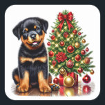 Festlicher Rottweiler Welpe von einem Weihnachtsba Quadratischer Aufkleber<br><div class="desc">Ein fröhlicher Rottweiler-Welpe sitzt neben einem schön dekorierten Weihnachtsbaum,  der mit bunten Ornamenten und bunten Lichtern geschmückt ist. Das Ambiente spiegelt die Wärme und den Beifall der Ferienzeit wider und schafft so eine festliche Atmosphäre.</div>