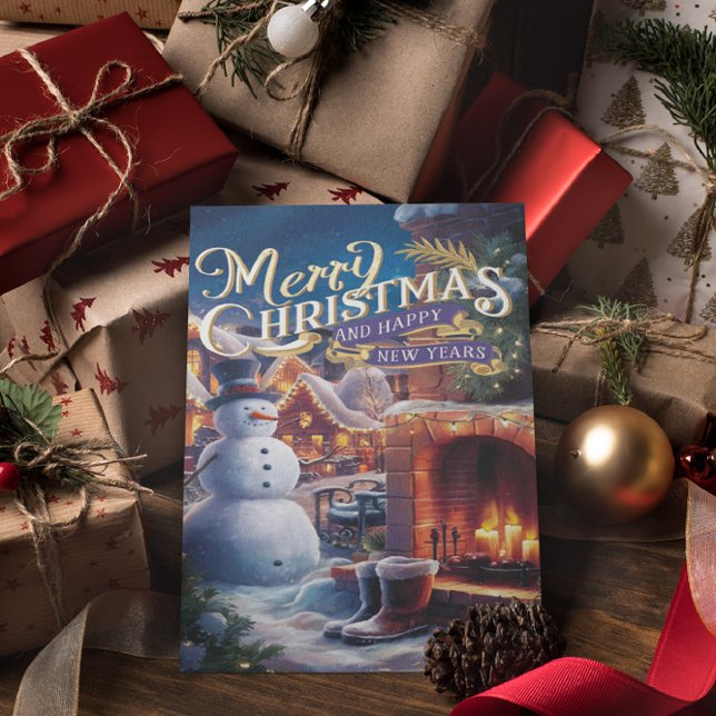 Festlicher Schneemann am Feuerplatz Postkarte (Von Creator hochgeladen)