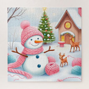 Festlicher Schneemann mit Hirschen in einem Winter