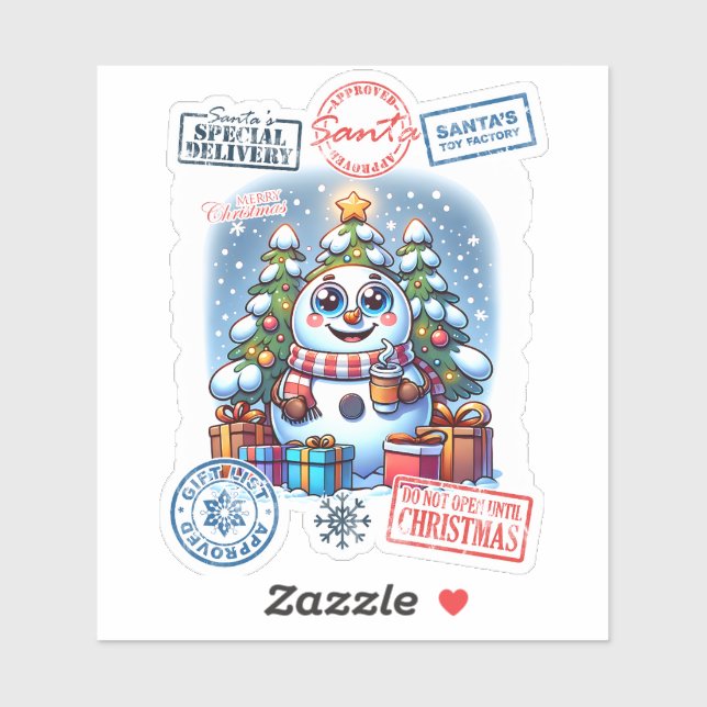 Festlicher Schneemann mit Weihnachtsgeschenken und Aufkleber (Blatt)