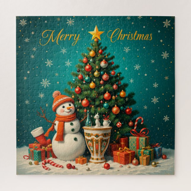 Festlicher Schneemann und Weihnachtsbaum mit Gesch (Vertikal)