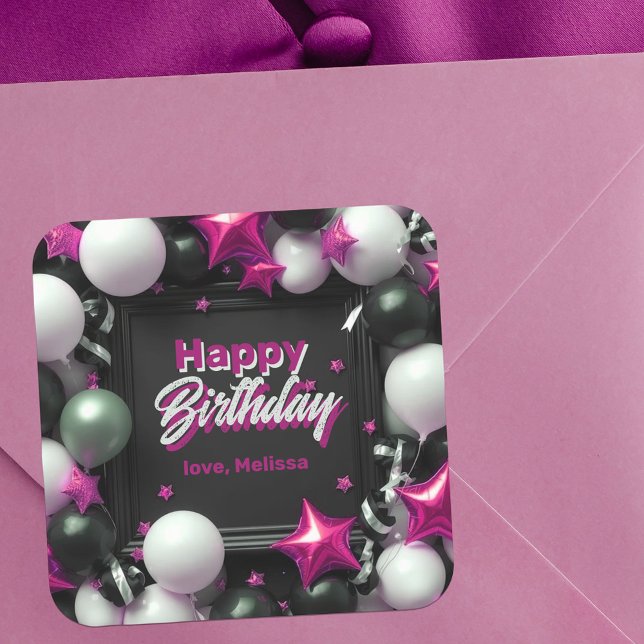 Festlicher Schwarz-weißer Metallic Pink Ballon Geb Quadratischer Aufkleber (Von Creator hochgeladen)