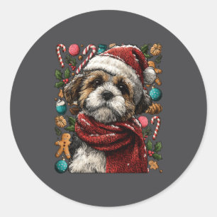 Festlicher Shih Tzu mit Santa-Hut Schneeiger Winte Runder Aufkleber