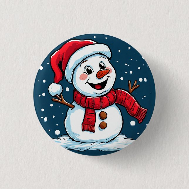 Festlicher Snowman-Cartoon mit Weihnachtsmannmütze Button (Vorderseite)