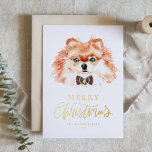 Festlicher Spitz Wasserfarbe Hund Frohe Weihnachte Folien Feiertagspostkarte<br><div class="desc">Frohe Weihnachten! Senden Sie Ihre Urlaubswünsche mit dieser individuell gestaltbaren Weihnachtskarte aus Gold an Familie und Freunde. Es verfügt über einen Aquarell-Spitz mit einer Bogen-Krawatte. Personalisieren Sie diese niedliche Weihnachtskarte,  indem Sie Ihre Daten hinzufügen. Dieser Spitz ist eine Weihnachtskarte für den Weihnachtsmann.</div>