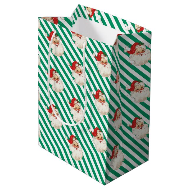Festlicher Streifen Green Retro Weihnachten Mittlere Geschenktüte (Rückseite Schrägansicht)