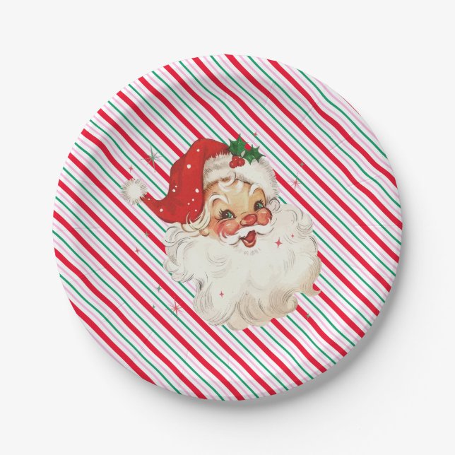 Festlicher Streifen Retro Santa Pappteller (Vorderseite)