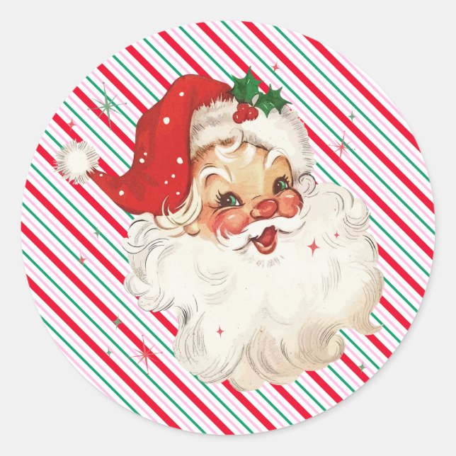 Festlicher Streifen Retro Santa Runder Aufkleber (Vorderseite)