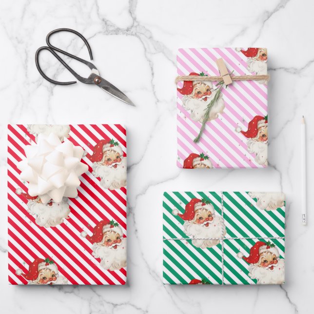 Festlicher Streifen Retro Weihnachten Geschenkpapier Set (Vorderseite)