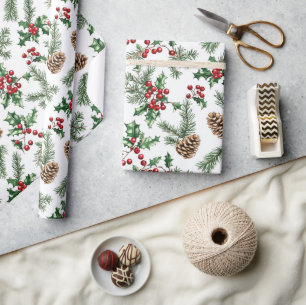 Festlicher Tannenzapfen und Kirschen Weihnachtsfei Geschenkpapier