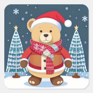 Festlicher Teddybär mit Santa-Hut Quadratischer Aufkleber