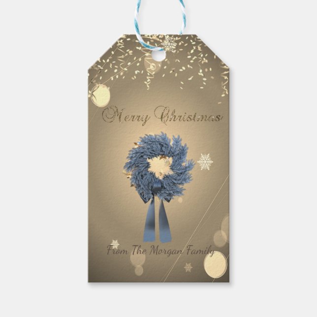 Festlicher Urlaub Blauer Weihnachtskranz , Confett Geschenkanhänger (Vorderseite)