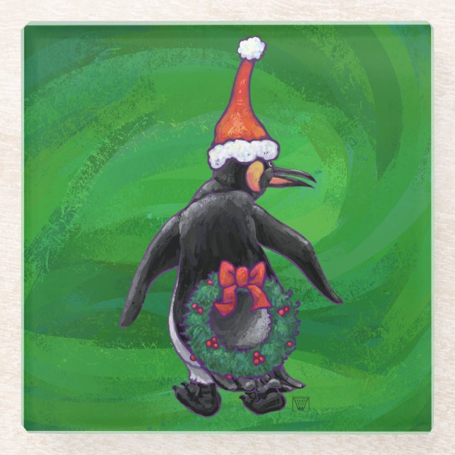 Festlicher Urlaub Pinguin auf Grün Glasuntersetzer (Vorderseite)