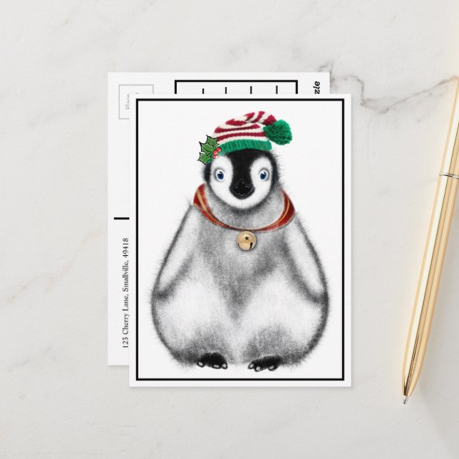 Festlicher Urlaub Pinguin | Steinglocken Postkarte (Vorderseite/Rückseite Beispiel)